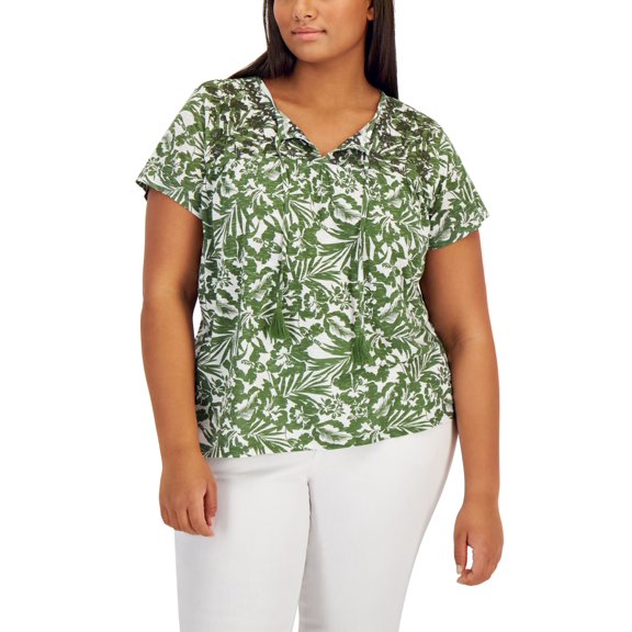 Style & Co Plus Size Embroidered Tassel T-Shirt Barb Bloom Green 4X