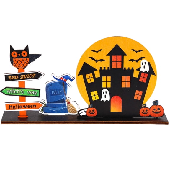 Halloween Desktop Decorations 15.7x8.6 Inch Wooden Table Centerpieces,Ghost Castle Wooden Tabletop for DIY Tabletop Indoor Halloween Party Decor