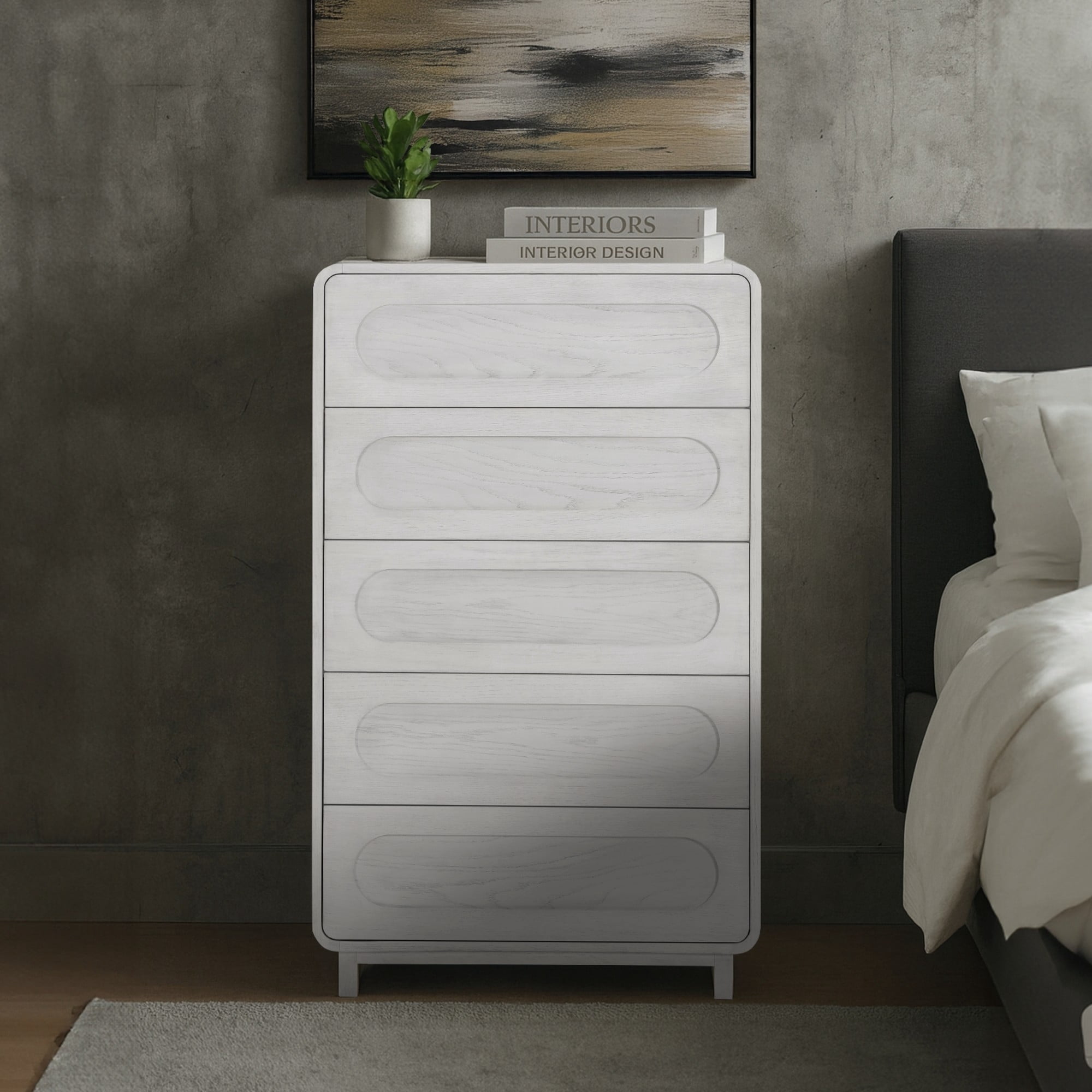 Tenley Mid-Century 5-Drawer Chest Dresser in White - Teamson Home: Push-Open Drawers, Wooden Construction with Real Oak Veneer