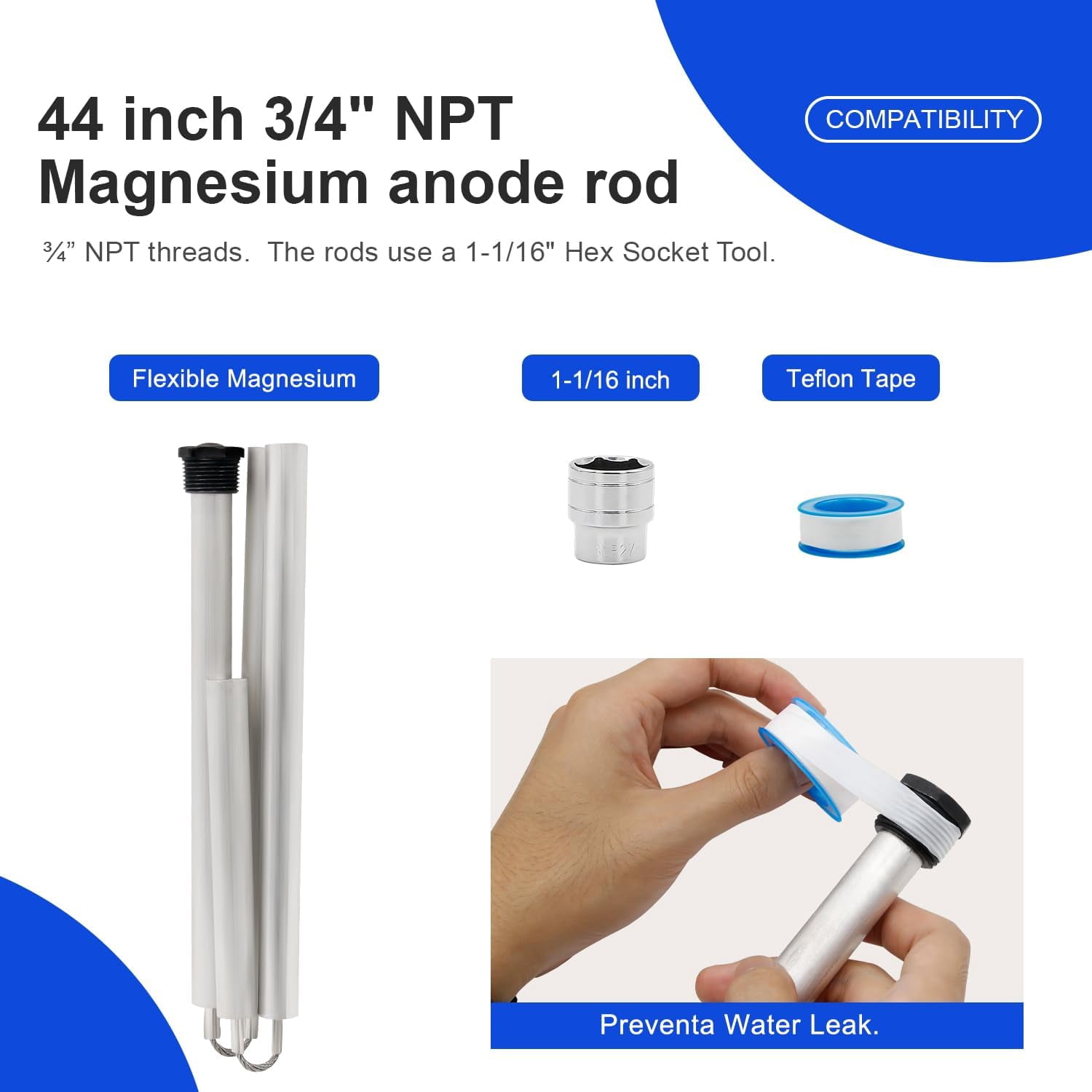 44 Inch Flexible Magnesium Water Heater Anode Rod, 3/4" NPT Thread Replacement for Most Standard Tanks, Includes 1-1/16" Hex Socket Tool & Teflon Tape