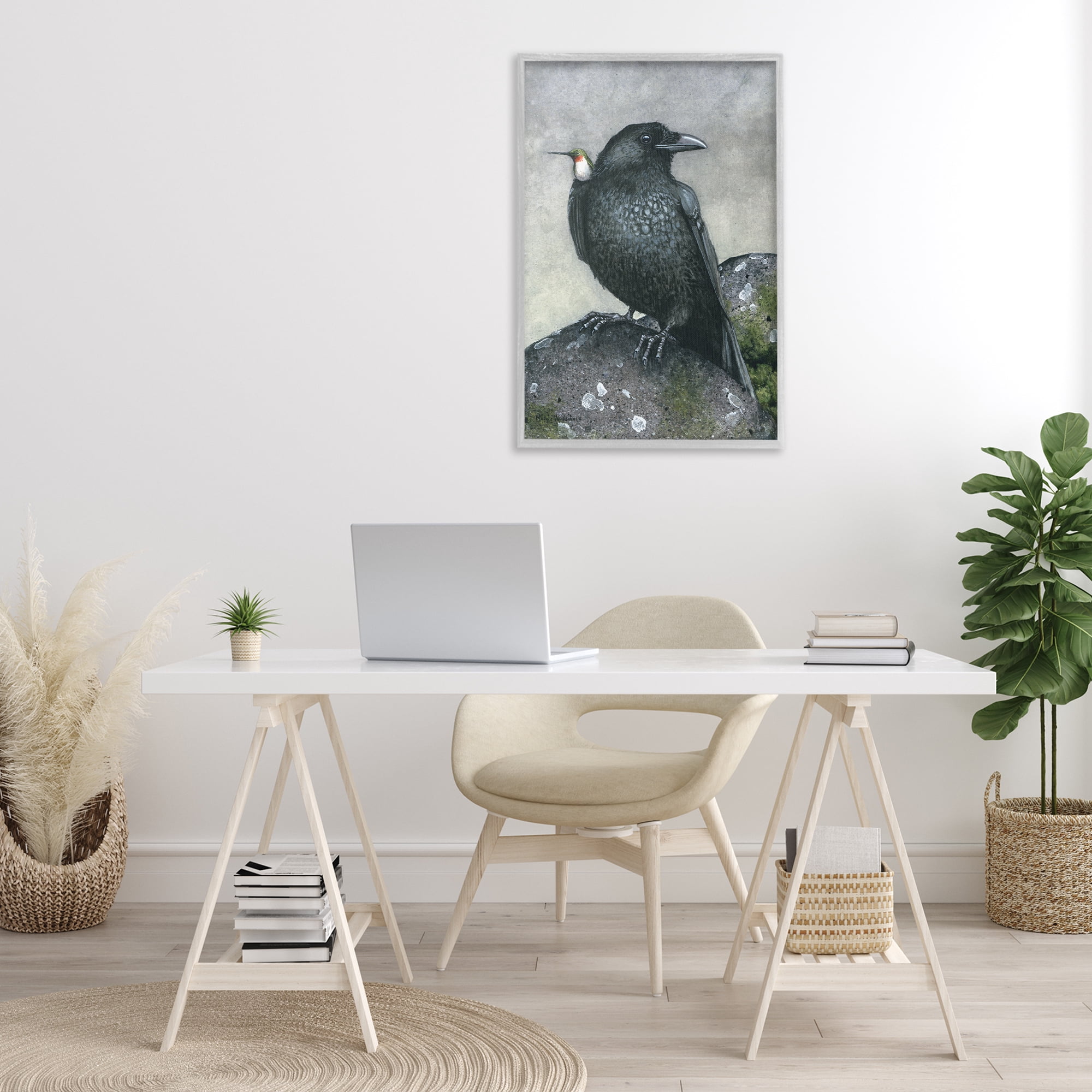Stupell Industries Crow & Hummingbird Perched Animals & Insects Painting Gray Framed Art Print Wall Art, 20 x 30