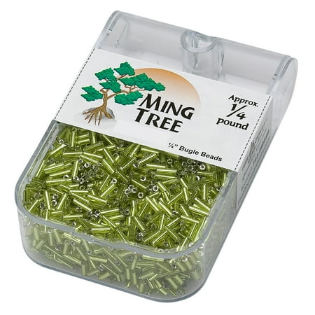 

Bugle bead Ming Tree glass silver-lined translucent lime green 1/4 inch. Sold per 1/4 pound pkg.