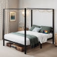 thumbnail image 2 of ModFusion Canopy Bed Frame with RGB Light Strip & Charging Station, Metal Queen Size Platform Bed with Built-in Headboard, Black, 2 of 8