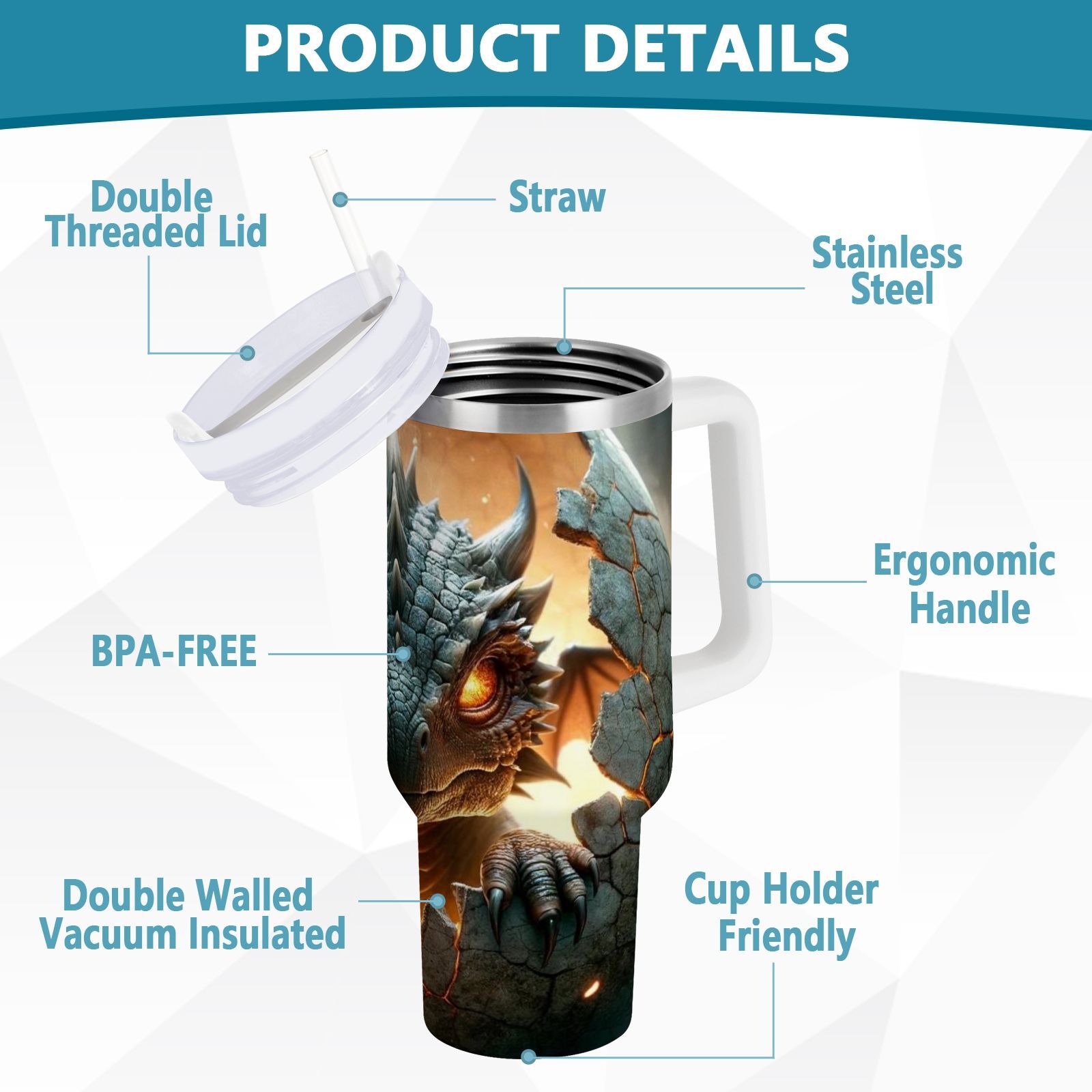 JSTEL Baby Dragon 30 oz Tumbler Stainless Steel Water Bottle Vacuum Insulated Cup with Straw Lid & Handle For Travel Car Cup Holder