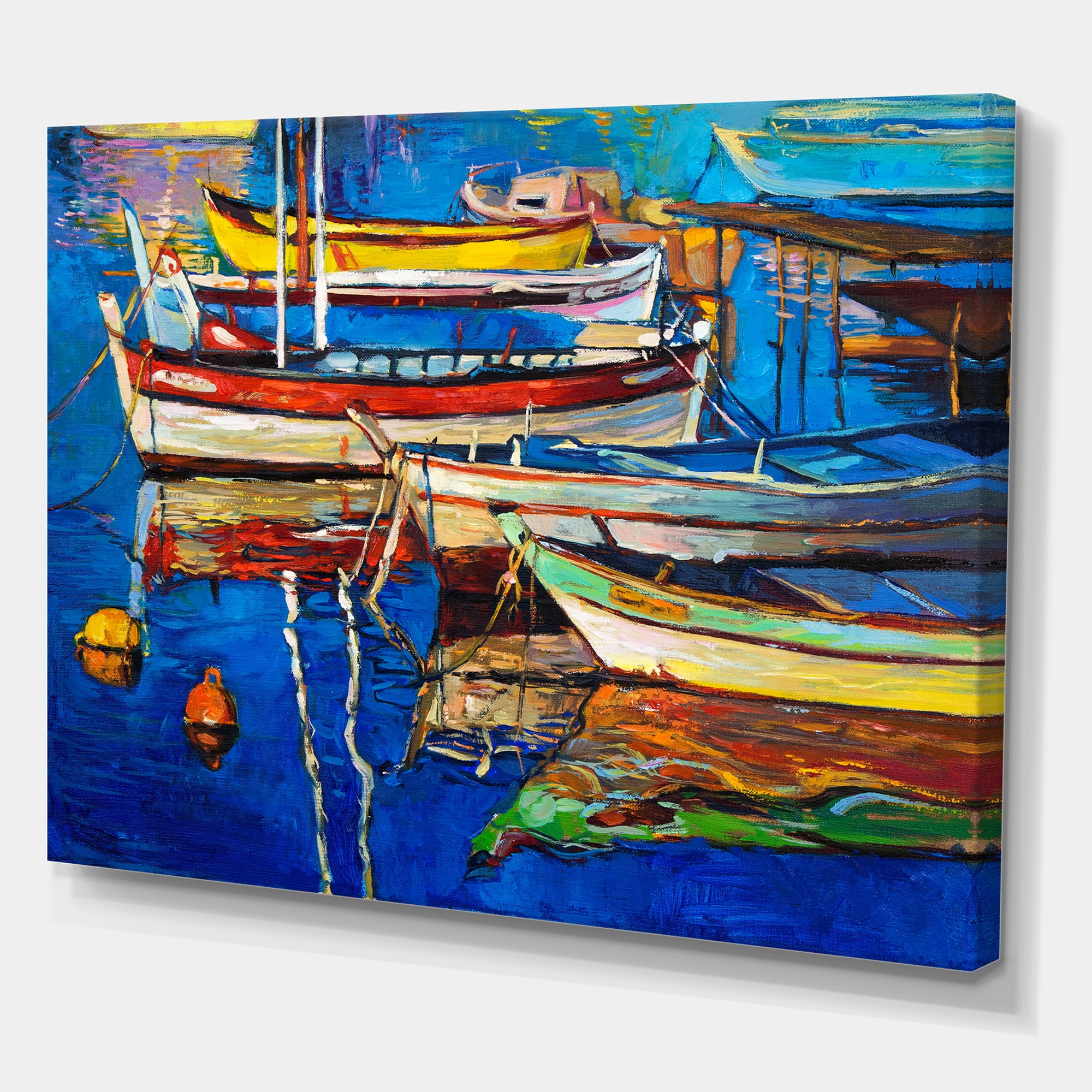 Designart ' Boats Near Coastal Town Resting On The Water II ' Nautical & Coastal Canvas Wall Art Print