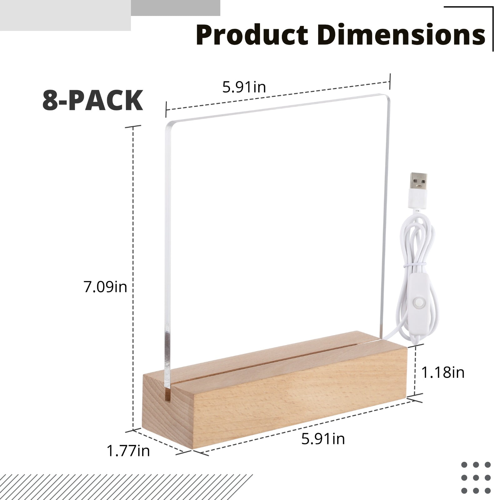8 Pcs LED Wooden Display Stands, LED lamps with Acrylic Sheets, Transparent Acrylic Night Lights with USB Cables, Wooden Bases with Acrylic Boards for Writing, Drawing, DIY, Present