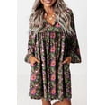 thumbnail image 2 of Women's Green Floral Print Split Neck Bubble Sleeve Shift Mini Dress | [ZhiHiMeRi] | L, 2 of 5