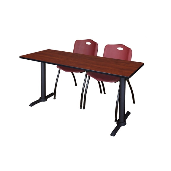 Cain 66" x 24" Training Table- Cherry & 2 'M' Stack Chairs- Burgundy