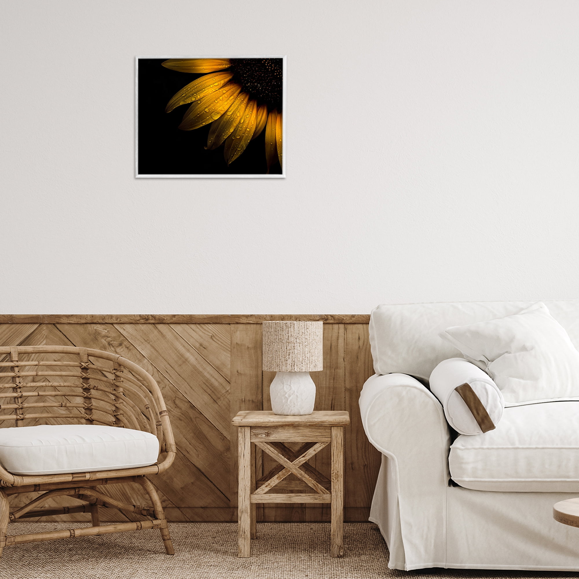 Water Droplets on Sunflower White Framed Giclee Art, design by Brian Carson Photography