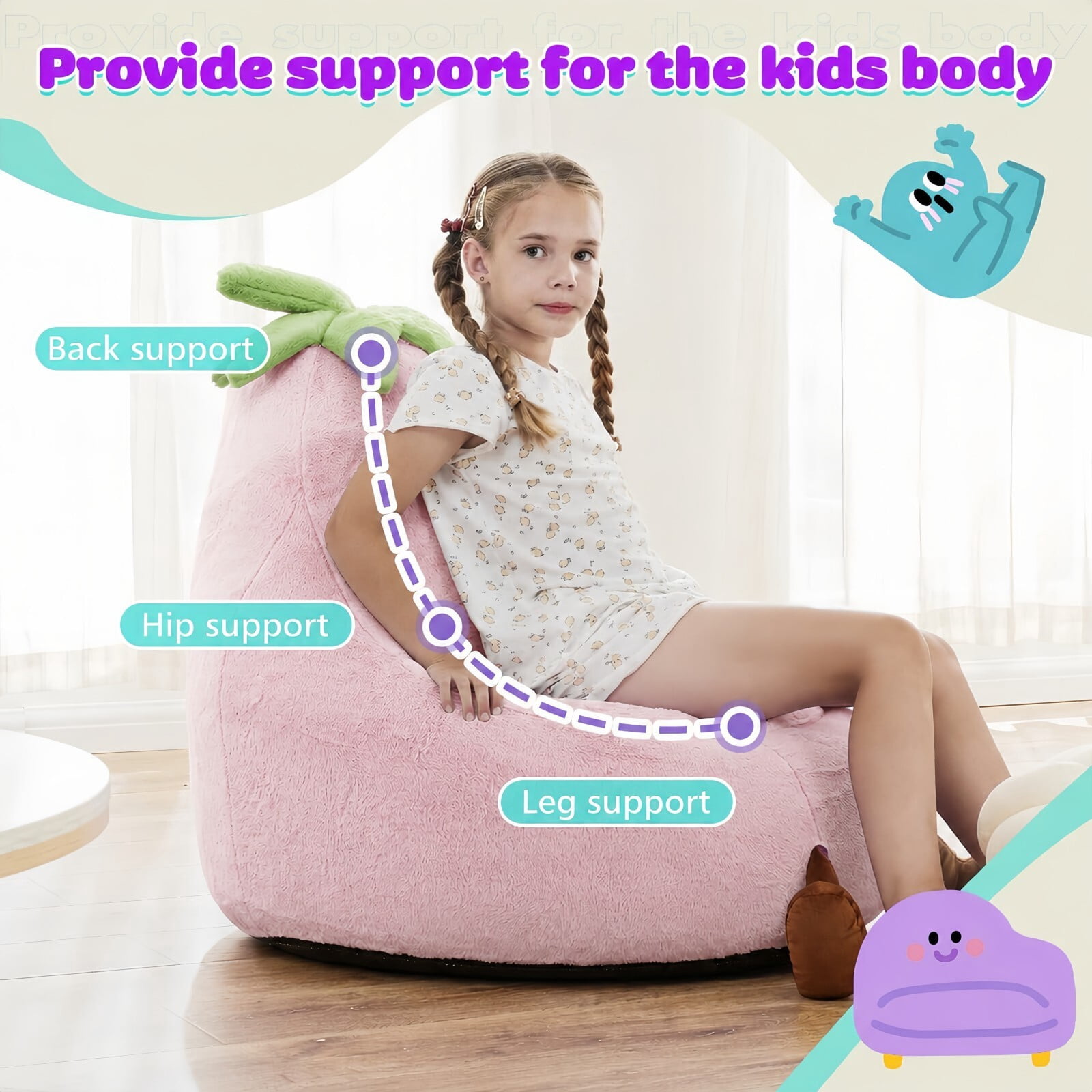 Kelno 24" Kids Bean Bag Chair Faux Rabbit Fur Lazy Chair Toddler Couch, Pink