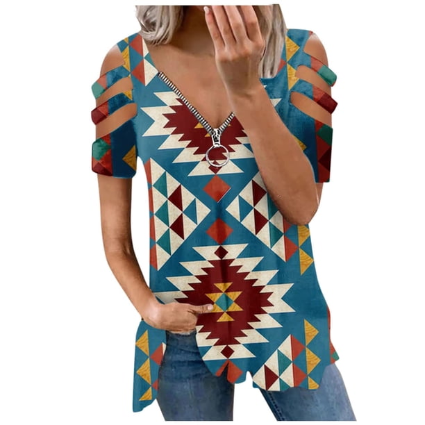 Blusa de manga corta con cuello en V y cremallera suelta para mujer OAVQHLG3B Store lin121212
