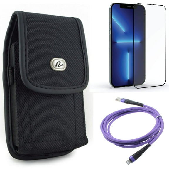 10ft USB Cable & Case Belt Clip & Screen Protector for iPhone 13 Pro Max ONLY - Purple Charger Cord Power   Rugged Holster Canvas   Anti-Glare Tempered Glass Matte Combo