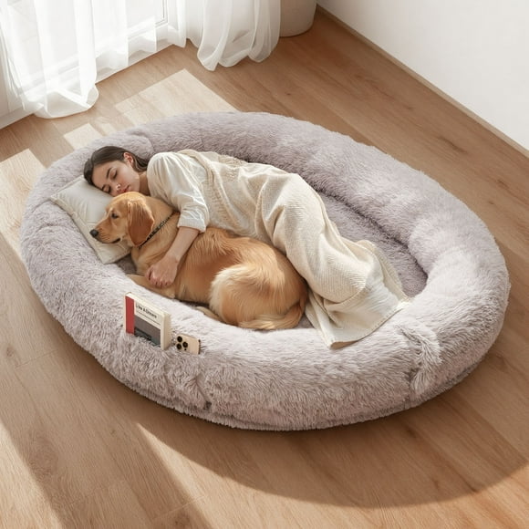 VEVOR Human Dog Bed, 69.29 x 48.03 x 9.45 inch Orthopedic Memory Foam Human Sized Dog Bed, Humans Pet Beds with Side Pocket, Handle & Zipper, Removable Machine-Washable Dogs Beds for Humans, Gray