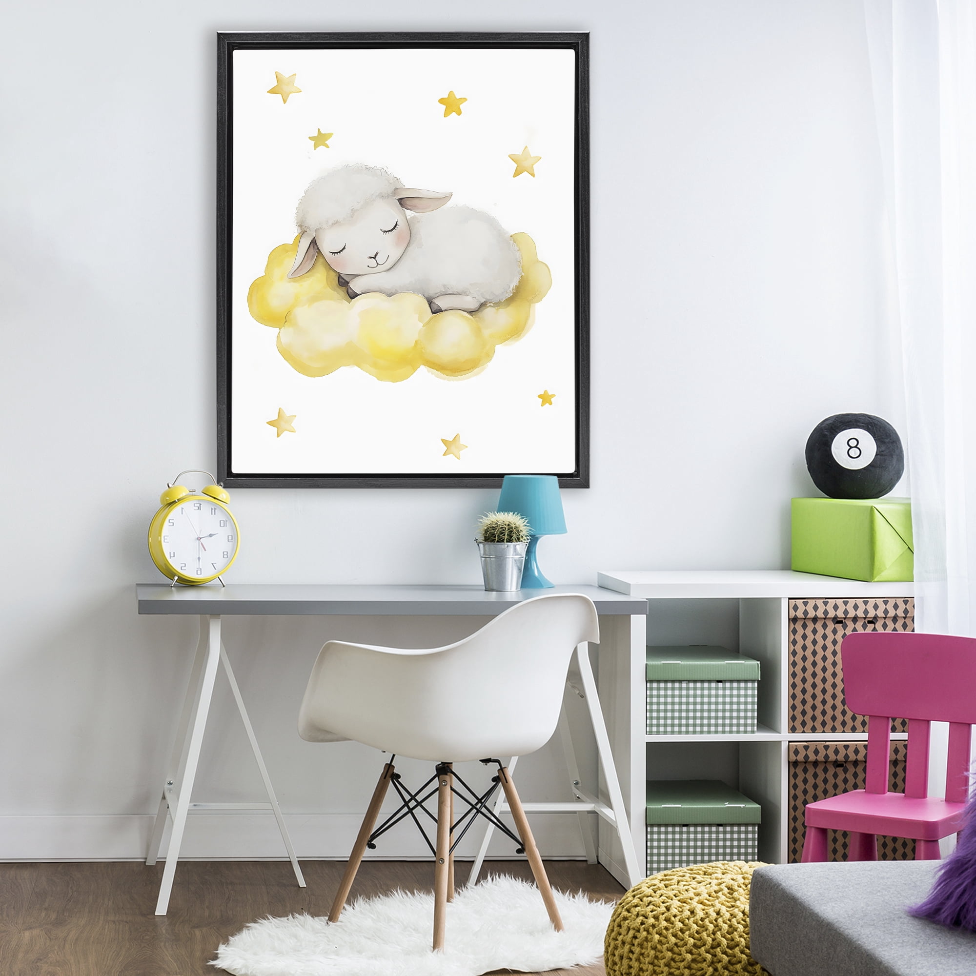Stupell Industries Sleeping Sheep on Yellow Cloud Black Framed Floater Canvas Wall Art, design by LSR Design Studio