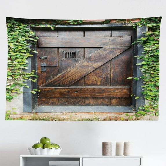 Rustic Tapestry, Timber Rustic Door in Wall of an Old Log House Abandoned Building Entrance Gate, Fabric Wall Hanging Decor for Bedroom Living Room Dorm, 2 Sizes, Brown, by Ambesonne