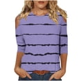 thumbnail image 2 of cllios Stripes Shirts for Women Summer Dressy Casual 3/4 Sleeve Tshirts Fashion Cold Shoulder Crewneck Blouses 2024 Going Out Blouse Tops, 2 of 5