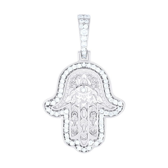 14K White Gold Look 925 Sterling Silver Mens 0.37ct Moissanite Hamsa Symbol Religious Pendant