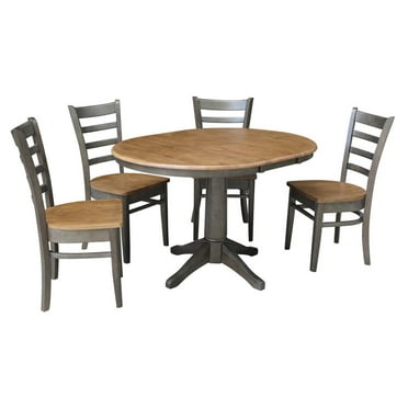 36" Round Wood Extension Dining Table with 4 Chairs in Hickory/Washed Coal