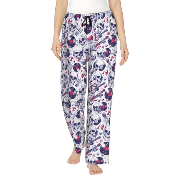 Fotbe music Skull record mike Pantalones de Pijama para Mujer, Pantalones de Dormir, Pantalones Pj con Cordón y Bolsillos-X-Large