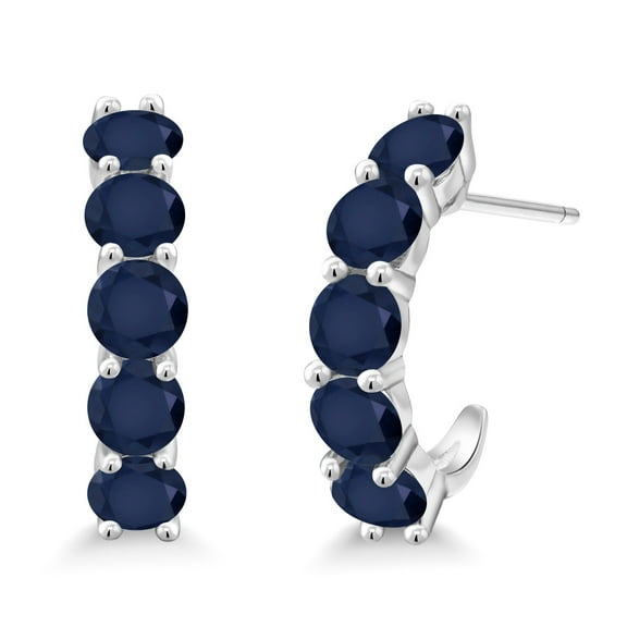 Gem Stone King 925 Sterling Silver Blue Sapphire Open Hoop Earrings for Women (3.50 Cttw, Gemstone Birthstone, Round 4MM)