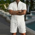 thumbnail image 6 of BLTIBY Mens Linen Outfits 2 Piece Set Casual Short Sleeve Button Down V Neck Shirts Loose Drawstring Shorts Soft Beach Vacation Loungwear White XL, 6 of 7