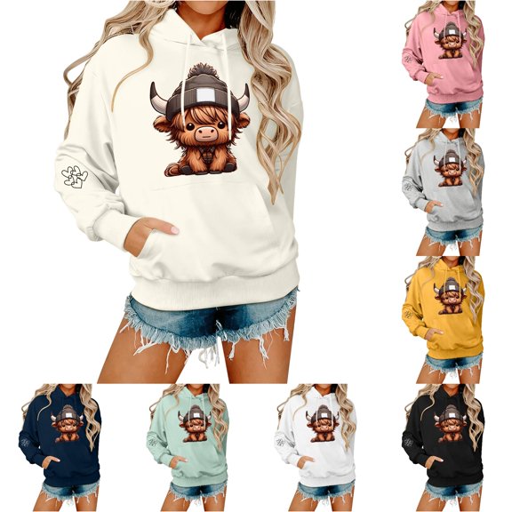 DHFJKG Hoodie Women Cow Print Cute Hooded Sweatshirt Fall Long Sleeve Drawstring Pullover Tops With Pocket
