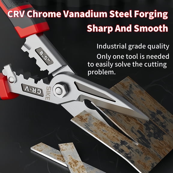 8.5 Inch Multi-functional Metal Cutting Shears, CR-V Chrome Vanadium Steel Industrial Tin Snips, Wire Stripping Metal Cutter Pliers for Sheet Metal, Cable, Hardware Work