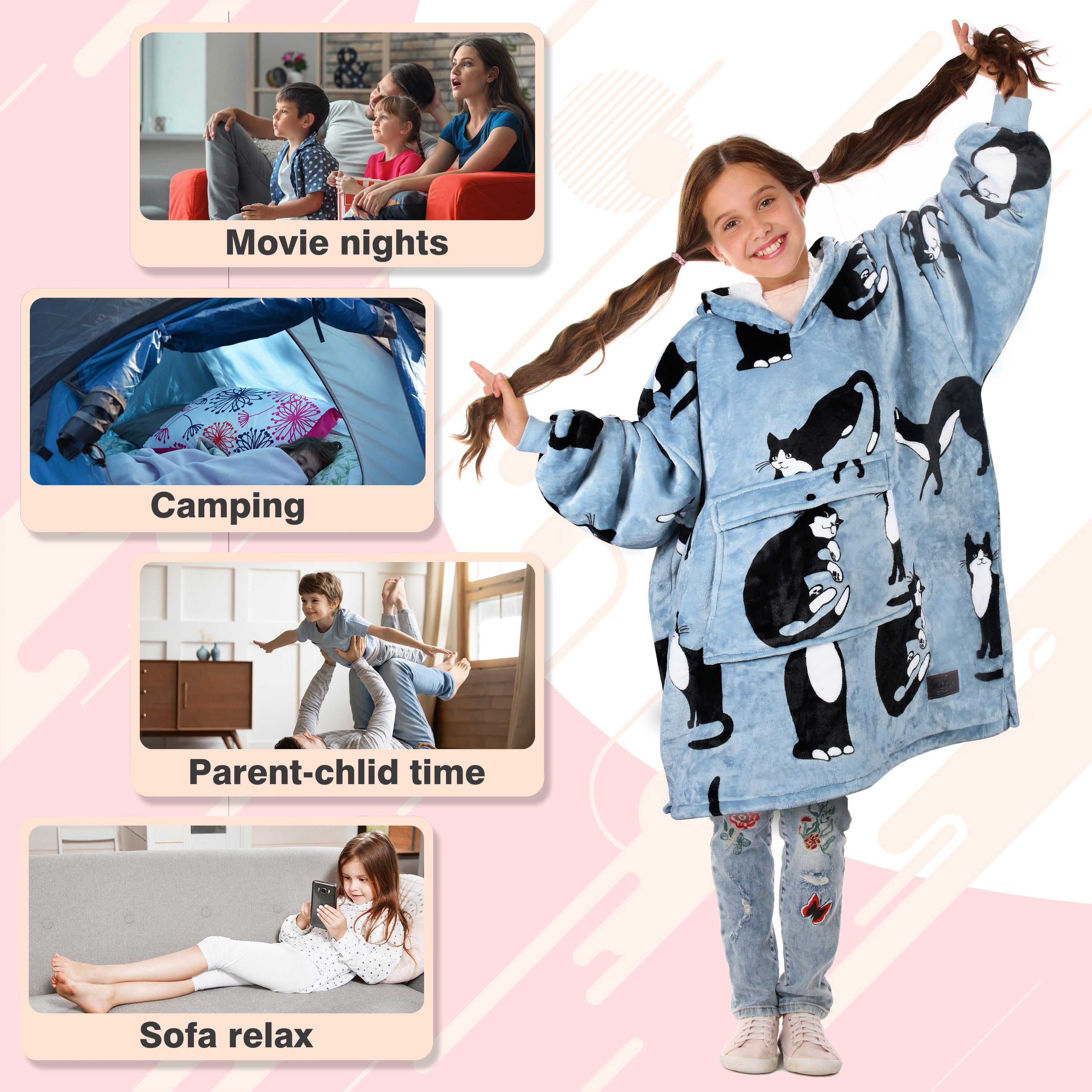 Catalonia Oversized Blanket Sweatshirt, Sherpa  Fleece Hoodie, Super Soft Warm Comfortable Pullover with Large Front Pocket for Boys Girls Teens Kids(7-13 yr)