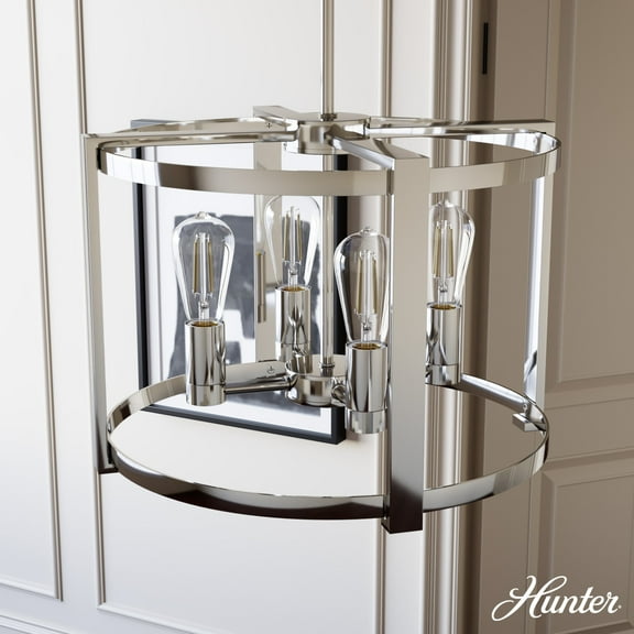 Hunter - Astwood 4-light Polished Nickel, Medium Size Chandelier, Dimmable, Caged Style, Drum Shaped, for Bedrooms, Dining, Living Rooms - 19957