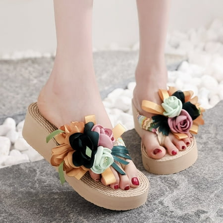 

YTJX Women Weave Beach Breathable Sandals Home Slipper Flower Flip-Flops Wedges Shoes