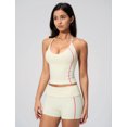 thumbnail image 4 of IBTOM CASTLE 2 Piece Workout Sets for Women Shorts Yoga Pilates Outfits Striped Backless Halter Padded Tank Top With High Waist Fold-over Biker Shorts Beige, 4 of 7