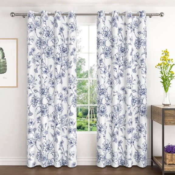 Lfeey Blue Floral Print Blackout Curtains, Grommet Top Room Darkening Drapes for Room, 42x63 inch, Set of 2