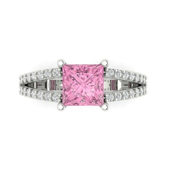 2.44ct Princess Cut Pink Crystal 14k White Gold Engraving Statement Bridal Wedding Designer Ring Size 7.5
