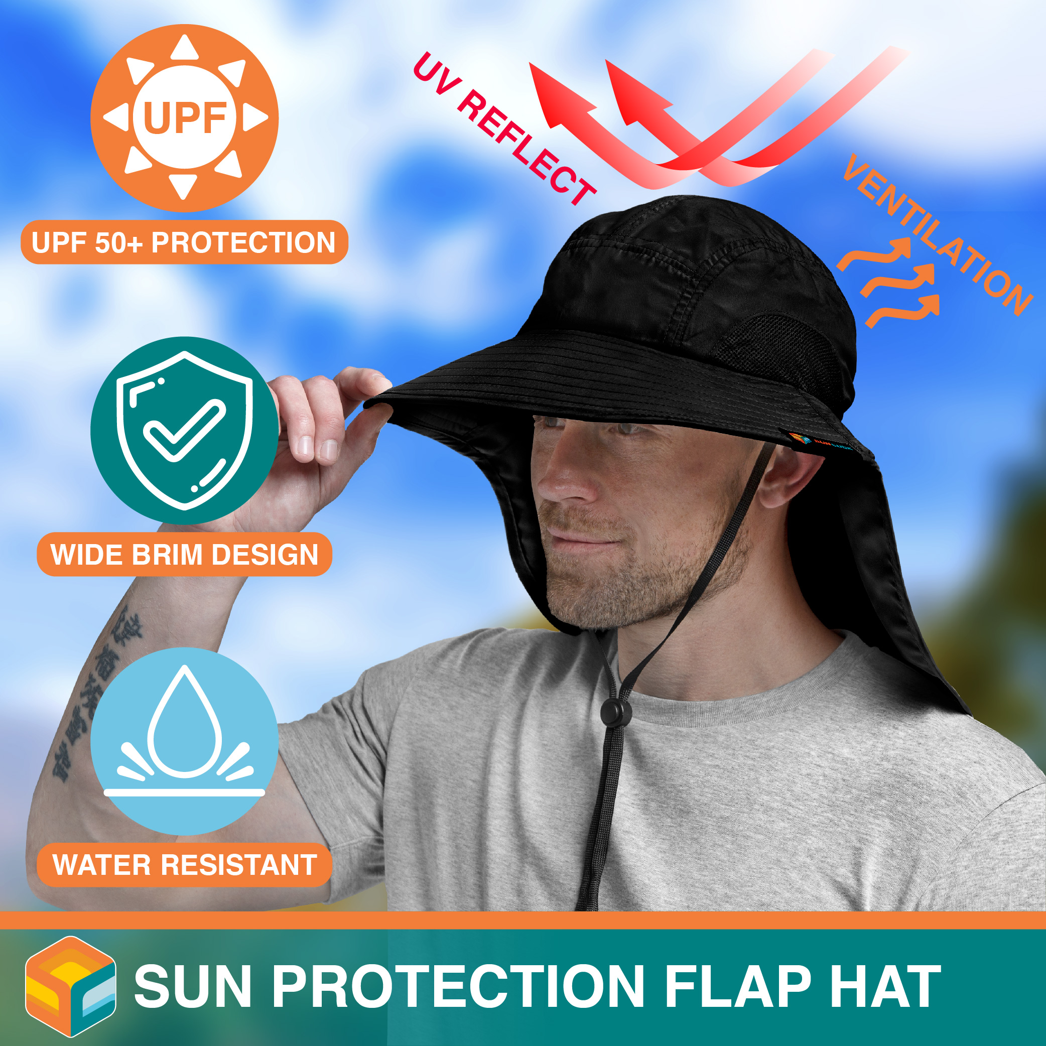 SUN CUBE Wide Brim Sun Hat with Neck Flap, Fishing Hiking for Men Women ...