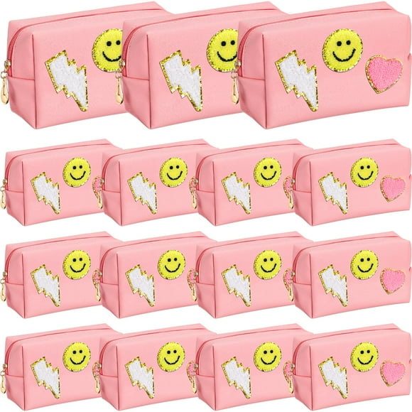 Silkfly 15 Pcs Preppy Patch Makeup Bag Bulk End of The Year Teacher Gifts Bulk Cosmetic Toiletry Bag Smile Lightning Heart PU Leather Portable Waterpr