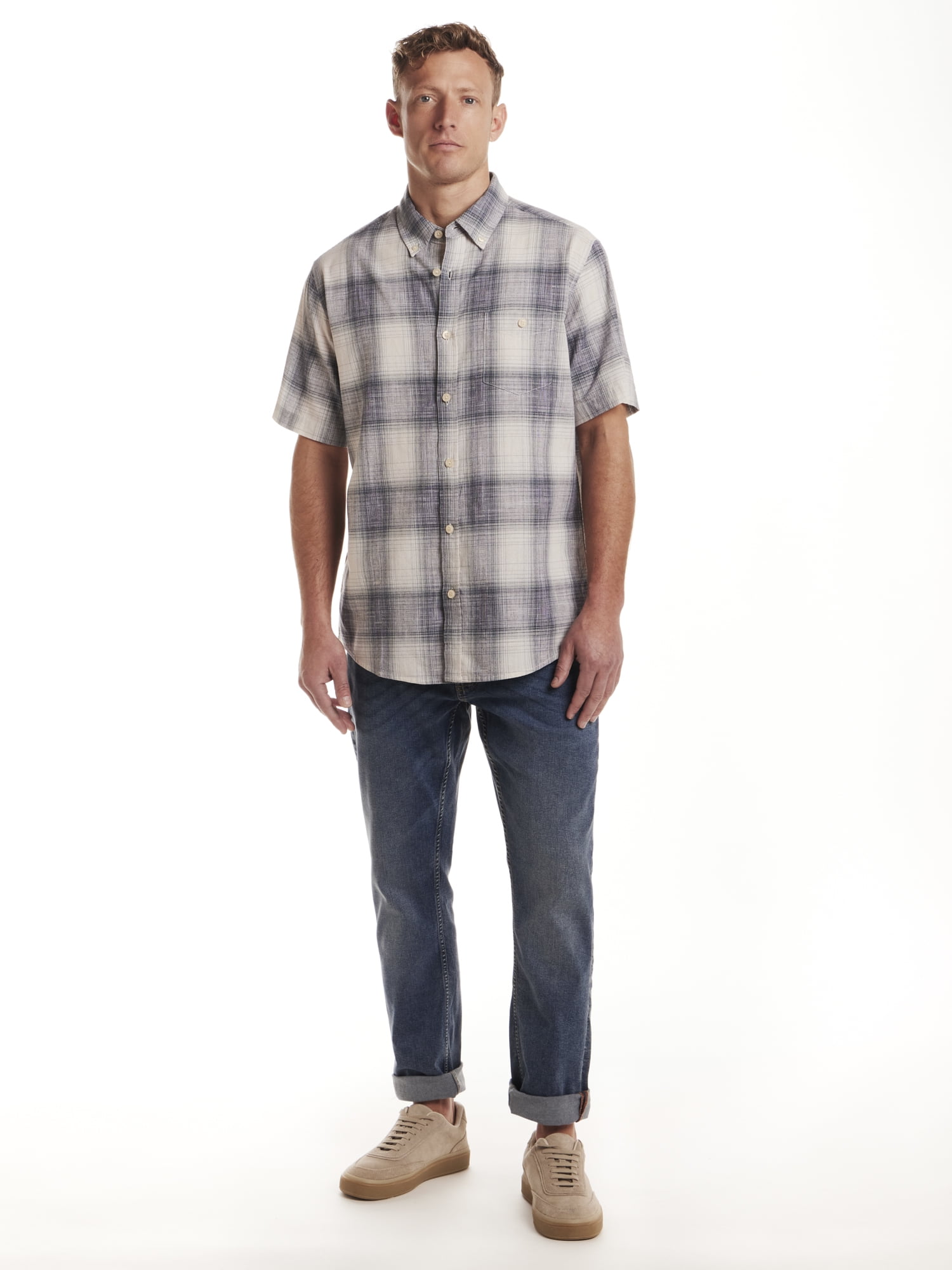 Frontier Threads Men's Short Sleeve Linen Like Plaid Buttondown Shirt