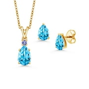 Gem Stone King 3.19 Ct Swiss Blue Topaz 18K Yellow Gold Plated Silver Pendant with Chain Earrings Set