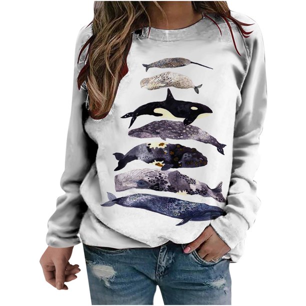 Camisas informales de manga larga para mujer, sudadera de cuello redondo con estampado de criatura marina, jersey de cuello redondo, túnica holgada con estampado de puesta de sol Pompotops gfhjh19941