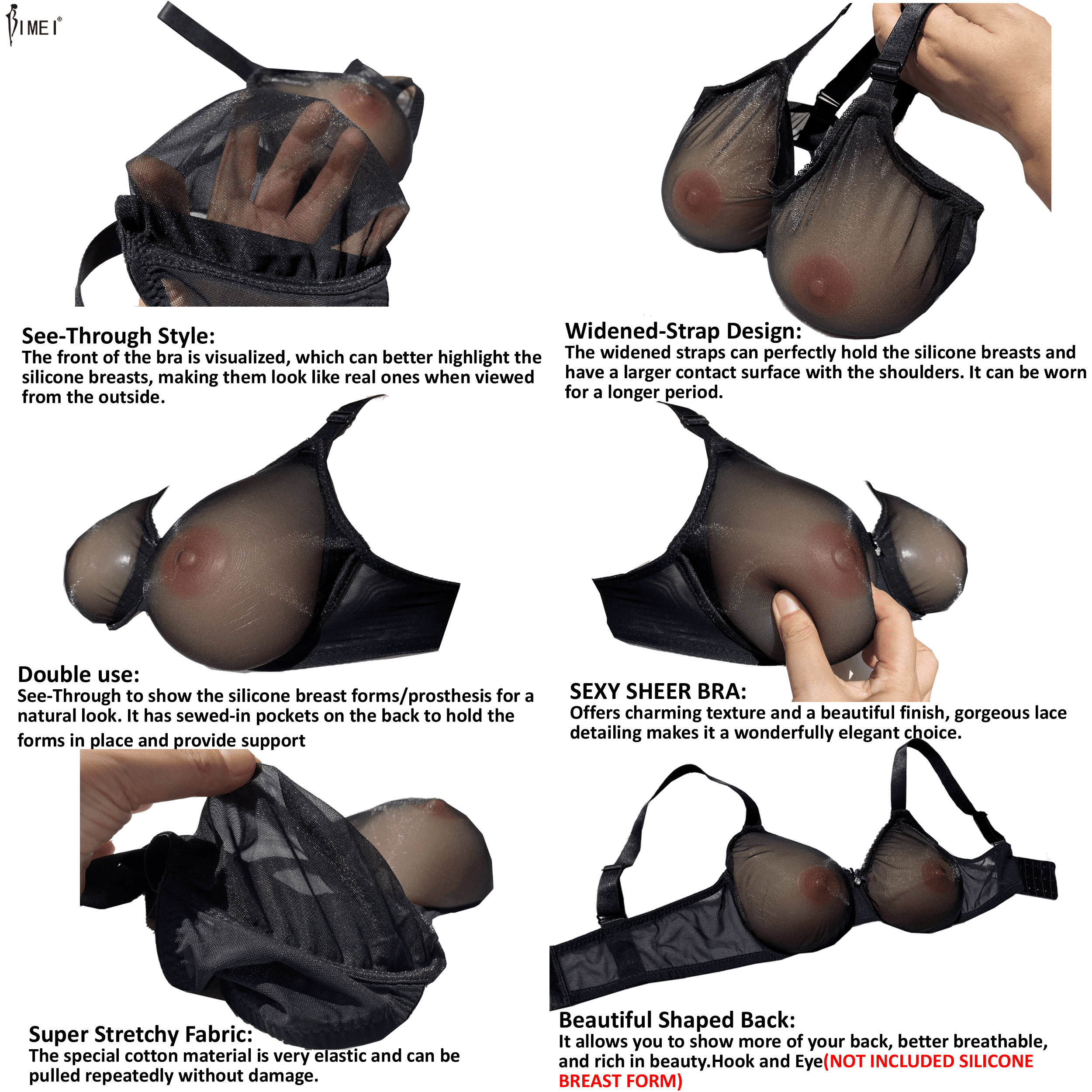BIMEI See Through Bra CD Mastectomy Lingerie Bra Silicone Breast Forms  Prosthesis Pocket Bra with Steel Ring 9008,Black,42B 