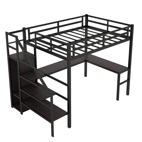 Leumius Metal Gaming Loft Bed with Wardrobe and Adjustable Shelf, Metal, 98.62''L x 42.52''W x 69.13''H, 158.73 LBS, Black