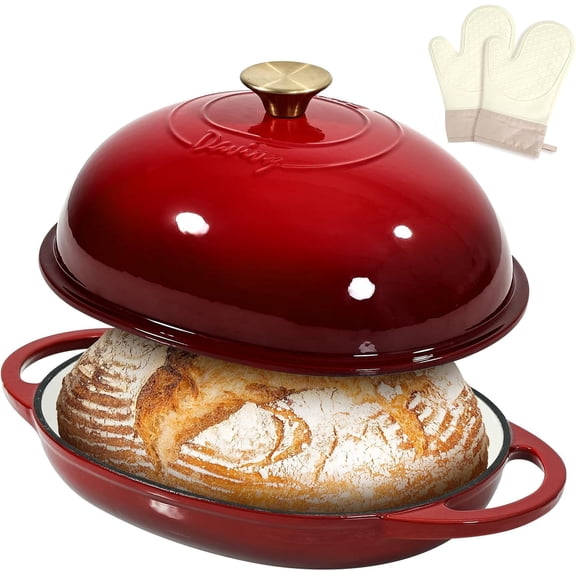 Davivy 6QT Oval Cast Iron Sourdough Dutch Oven with Silicone Oven Mitts, Bread Dutch Oven for Sourdough Bread Baking, Cast Iron Bread Cloche Loaf Pan with Domed Lid, Red