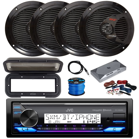 JVC KD-X38MBS Single DIN Marine Bluetooth AM/FM Stereo Receiver, 4-Channel Amplifier w/Install Kit, 4X 6.5" 150 Watt 2-Way Dual Cone Full Range Audio Speakers (Black) w/ Wire, Radio Cover, Antenna
