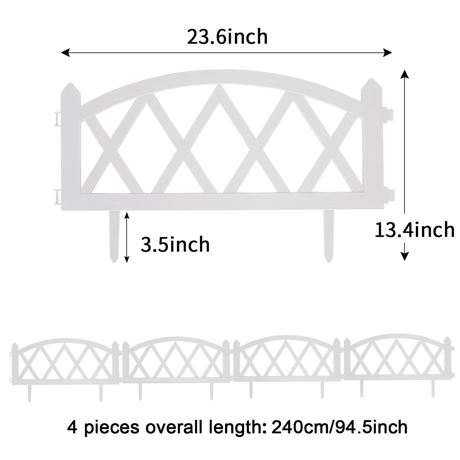 Sungmor Lightweight Plastic Garden Rail Fence White Pickets,94.5 Inch Length Outdoor Lawn Patio Protective Guard Edging Boarder Decoration