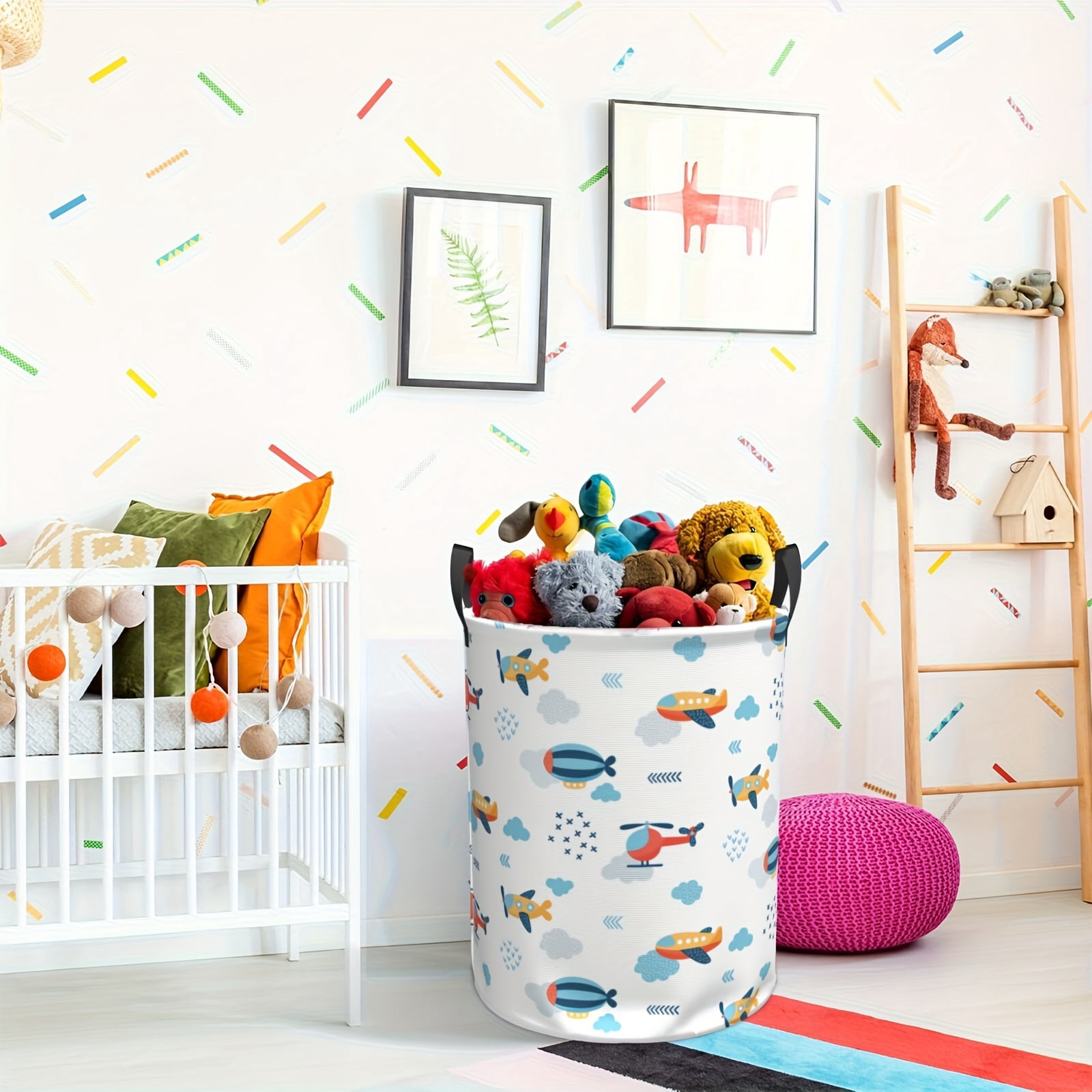 Airplane Hot Air Balloon Printed Storage Basket, Oversized Foldable Laundry Basket, Foldable and Handleable Round Laundry Basket, for Bedroom/bathroom Toys, Laundry Basket