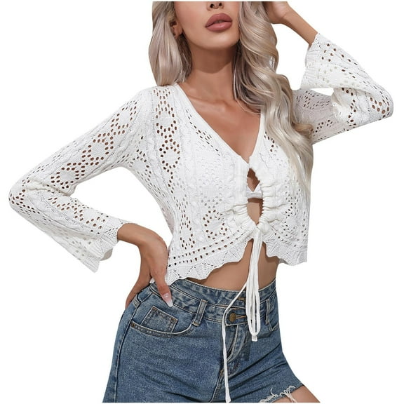 ZyeKqe Women Crochet Crop Top Boho Long Sleeve Shirt Cover up Oversized Lace up Tops