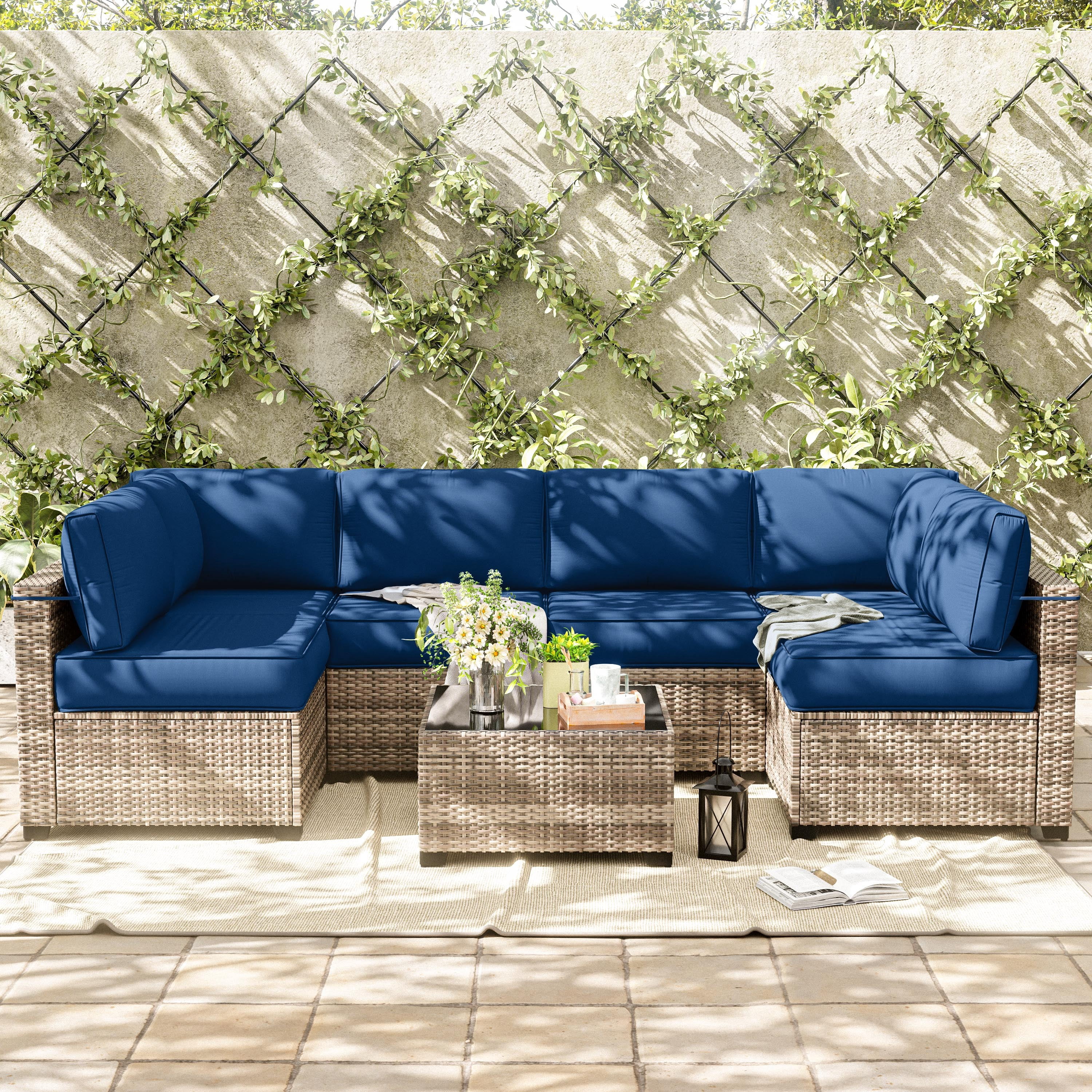 Pakunoda 14 Pieces Outdoor Replacement Cushions, 5” High-Density Foam Sectional Cushions Couch, 6 Seat Patio Conversation Sets for Rattan Wicker, Liner&Cover, Blue