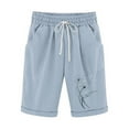 thumbnail image 4 of Plus Size Cotton Linen Bermuda Shorts for Women Knee Length Printed Summer Casual Capri Athletic Drawstring Shorts Light Blue,XXL, 4 of 4