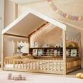 thumbnail image 4 of Harper & Bright Designs Full Size Floor Bed with LED Light, Wooden House-Shaped Floor Bed with Storage Bookshelves Fense and Curtain for Boys Girls, Natural+Beige, 4 of 13