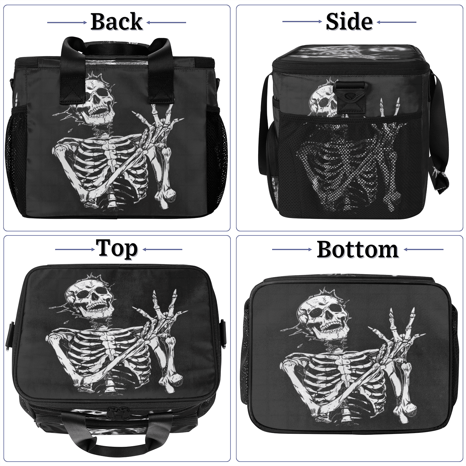 Herdesigns Skeleton Funny Skull Large Lunch Box for Adults Women Men with Adjustable Shoulder Strap, Insulated Reusable Lunch Bag Leakproof Cooler Tote Bag