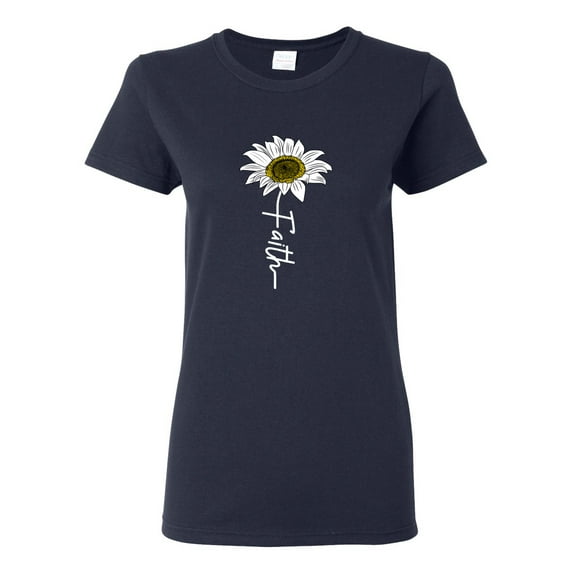 Wild Bobby Faith Flower Script Inspirational/Christian Women Graphic Tee, Navy, X-Large